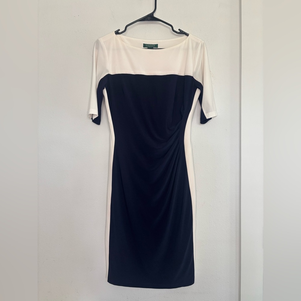 LAUREN RALPH LAUREN NAVY & WHITE CURVED COLORBLOCK MIDI DRESS SZ 6